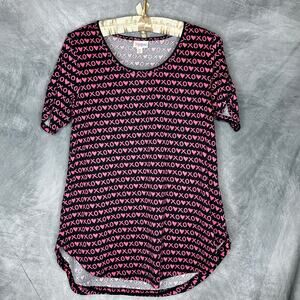 NEW Lularoe Top Women XS Runs Large Valentine Hearts Short Sleeves "Morgan"